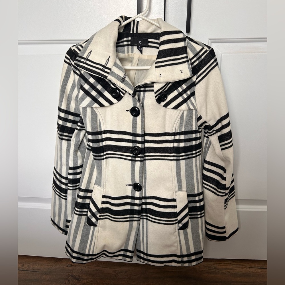 Iz Byer Black and White Plaid Pea Coat